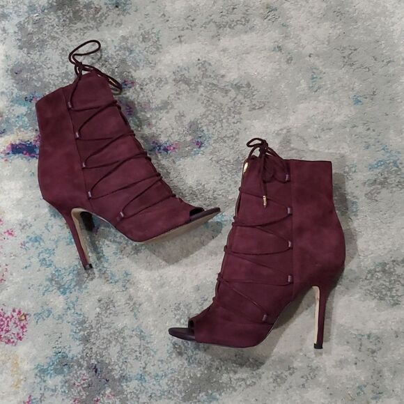 Sam Edelman Asher Lace Up Peep Toe Heeled Ankle Boots in Burgundy Size 7 - Picture 3 of 14